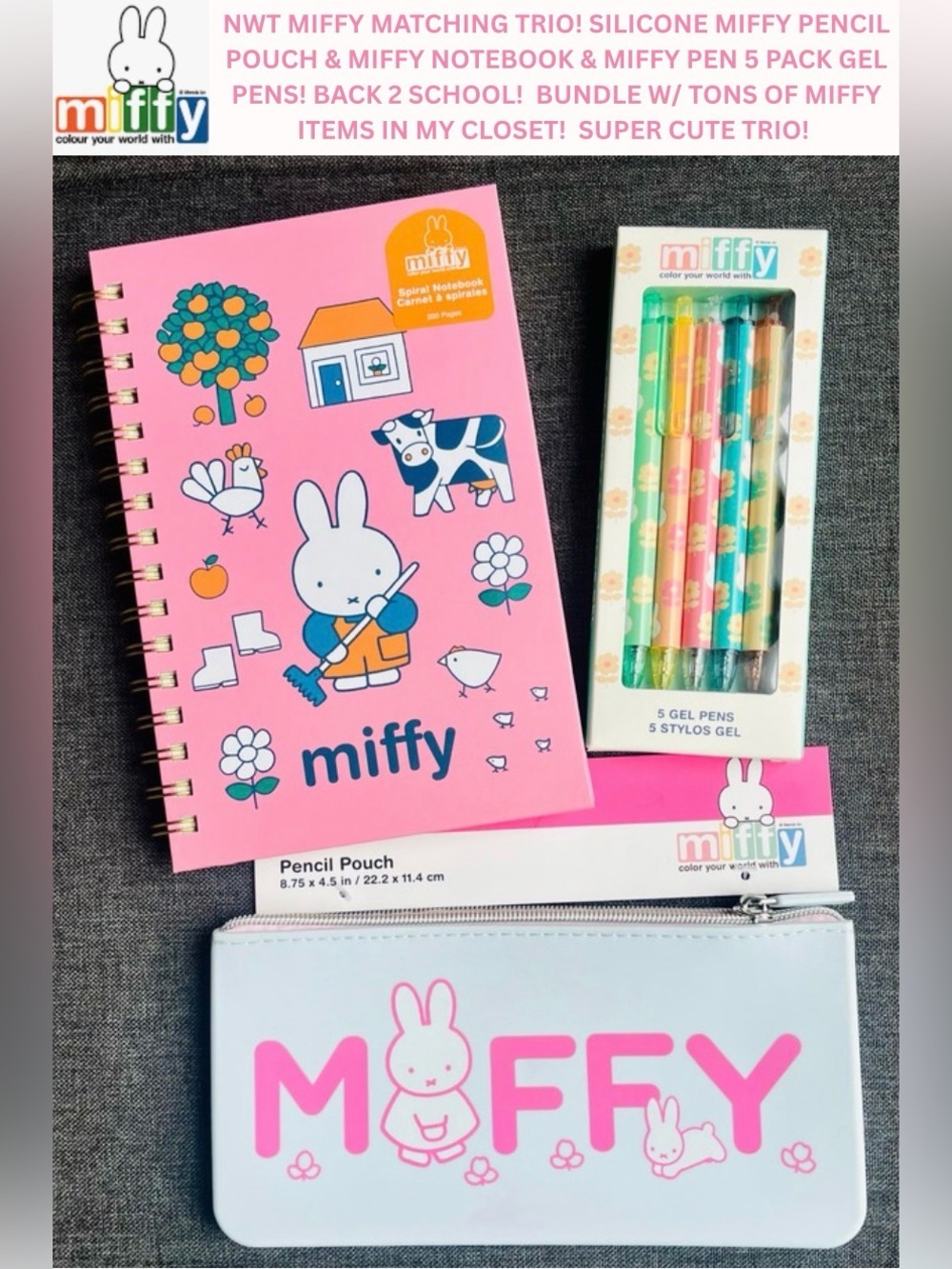 NWT MIFFY MATCHING TRIO! MIFFY SILICONE PENCIL POUCH, NOTEBOOK, & PENS!